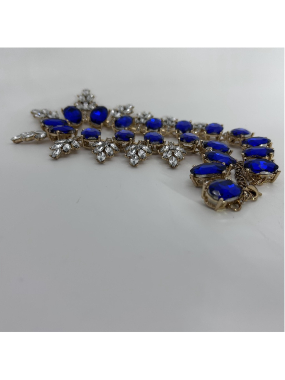 VTG Blue Rhinestone Statement Bib Necklace Gold Tone Crystal Prom Wedding Formal - Picture 10 of 12